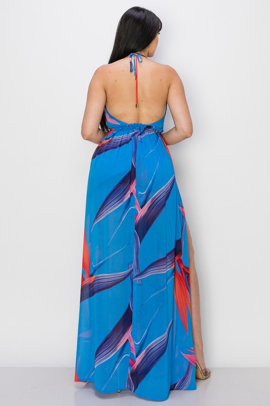 back of the Blue Printed Chiffon Romper Dress