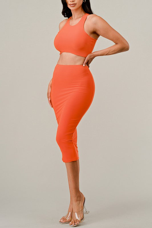 STYLED BY ALX COUTURE MIAMI BOUTIQUE Tangerine Cropped Curved Hem Tank Top Skirt Set