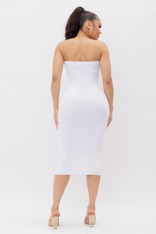 back of the White Tube Knit Midi Dress
