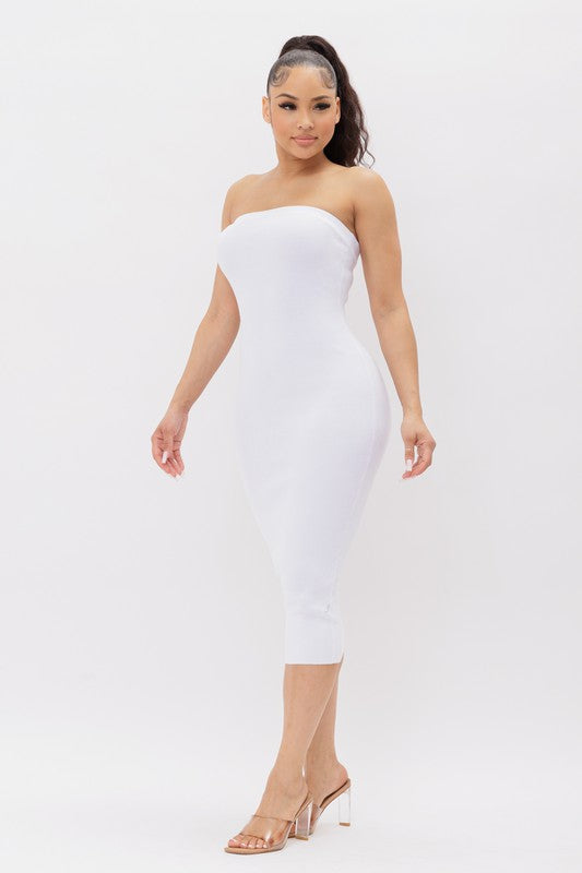 side front of the White Tube Knit Midi Dress