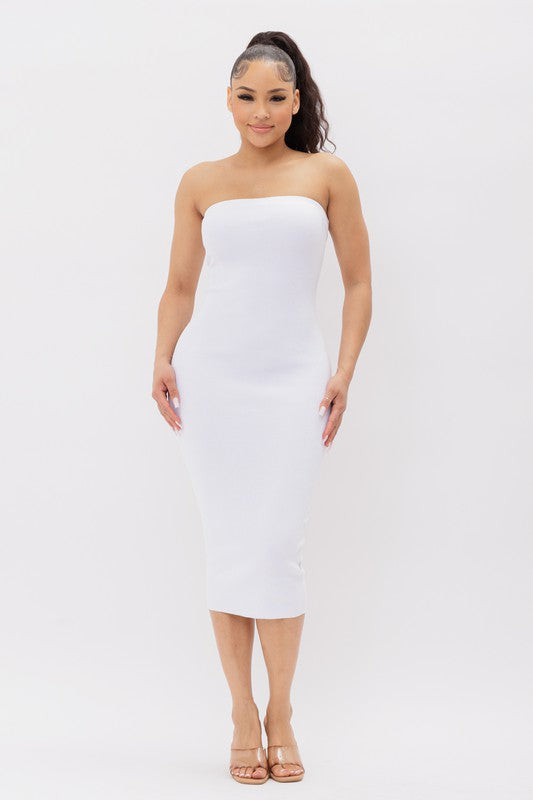 model is wearing White Tube Knit Midi Dress