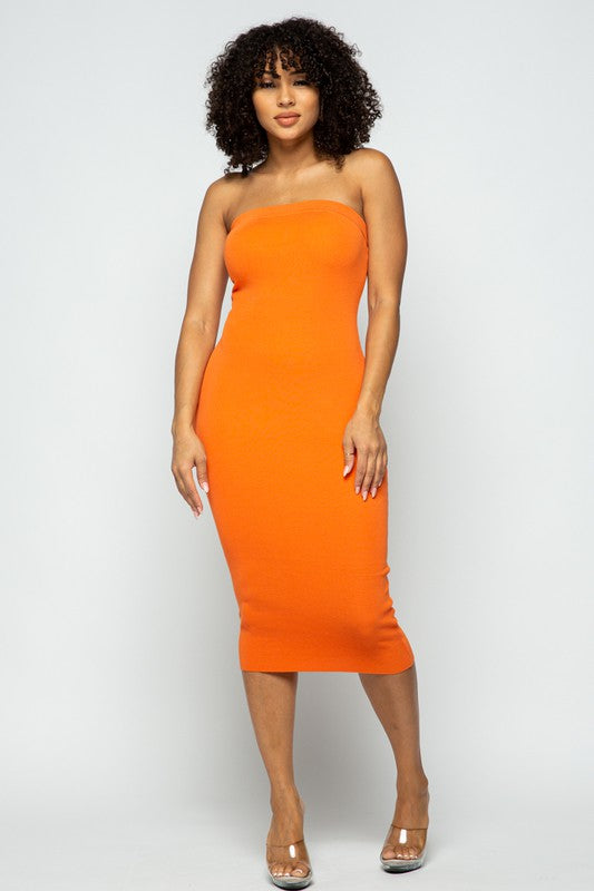 model is wearing Orange Tube Knit Midi Dress
