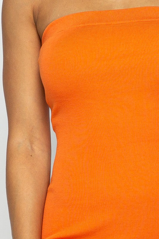 close up view of the Orange Tube Knit Midi Dress