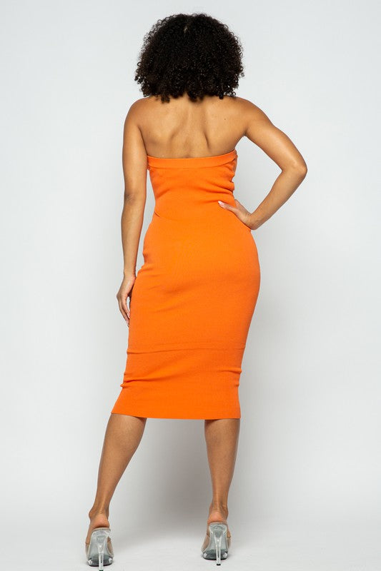 back of the Orange Tube Knit Midi Dress