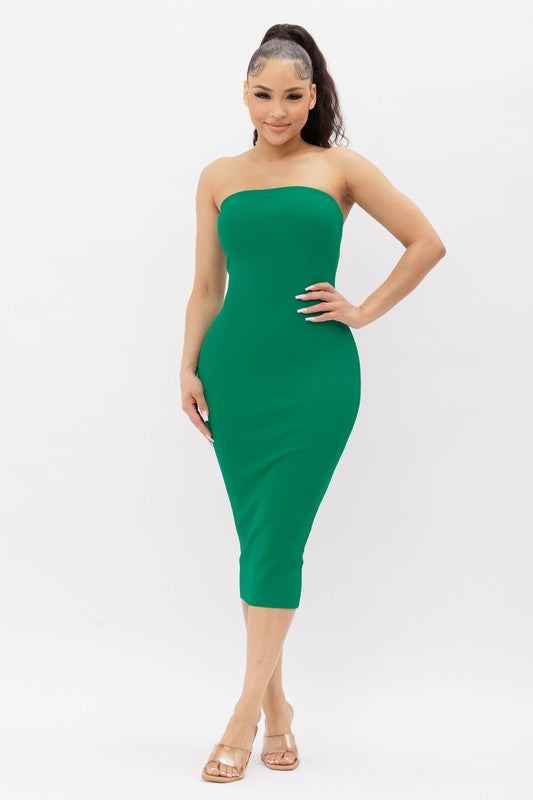 model is wearing Green Tube Knit Midi Dress
