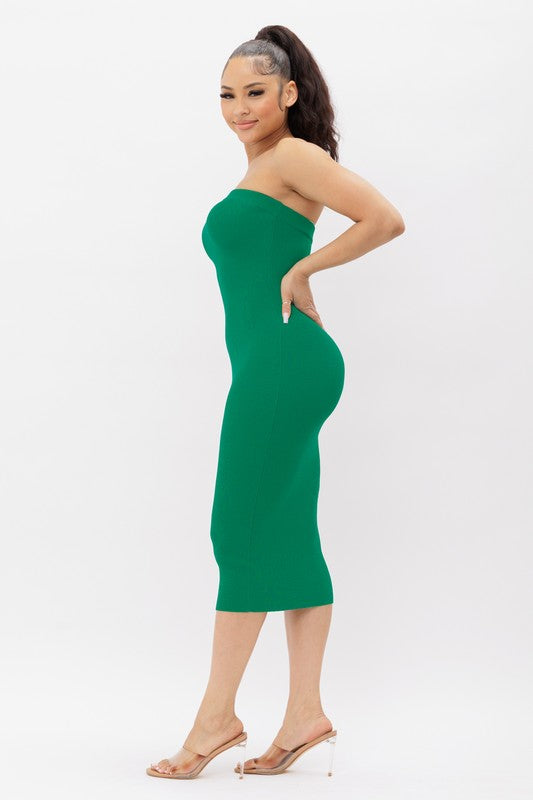 side of the Green Tube Knit Midi Dress