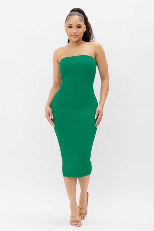 model is wearing Green Tube Knit Midi Dress