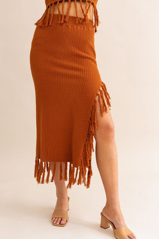 STYLED BY ALX COUTURE MIAMI BOUTIQUE Brown Tassle Detail Sweater Midi Skirt