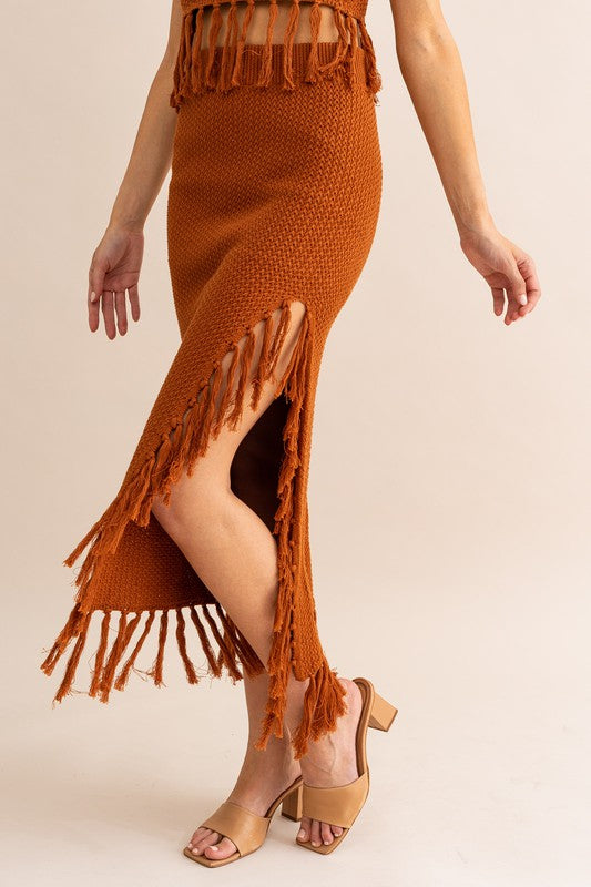 STYLED BY ALX COUTURE MIAMI BOUTIQUE Brown Tassle Detail Sweater Midi Skirt
