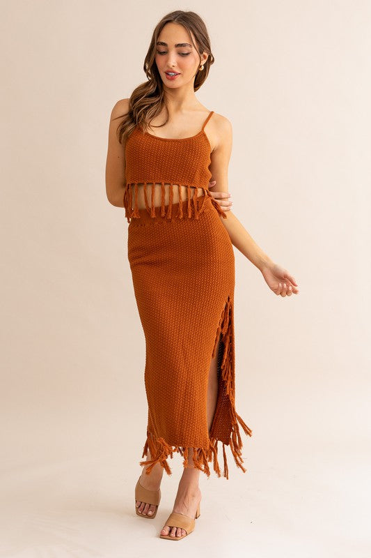 STYLED BY ALX COUTURE MIAMI BOUTIQUE Brown Tassle Detail Spaghetti Sweater Crop Top