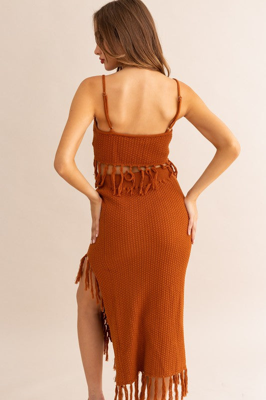 STYLED BY ALX COUTURE MIAMI BOUTIQUE Brown Tassle Detail Spaghetti Sweater Crop Top
