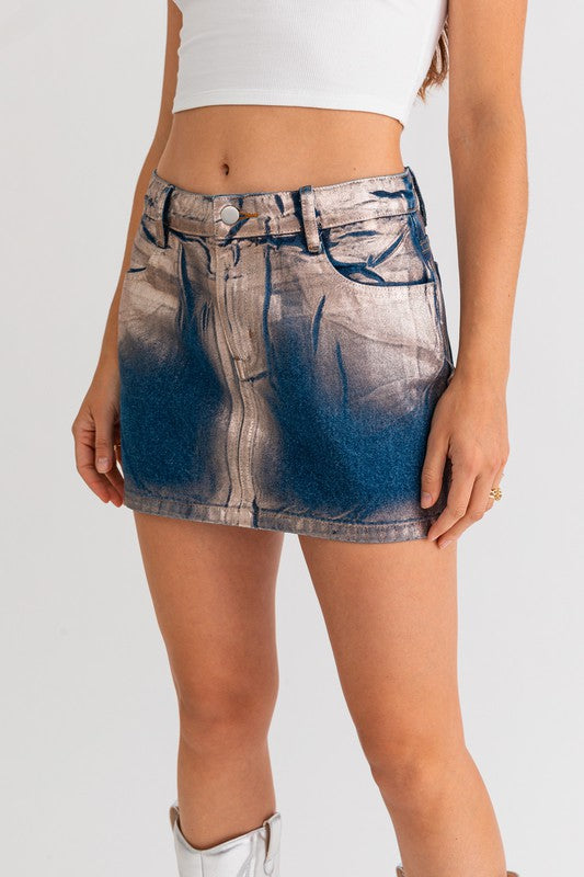 STYLED BY ALX COUTURE MIAMI BOUTIQUE Denim Metallic Finished Mid Rise Denim Skirt
