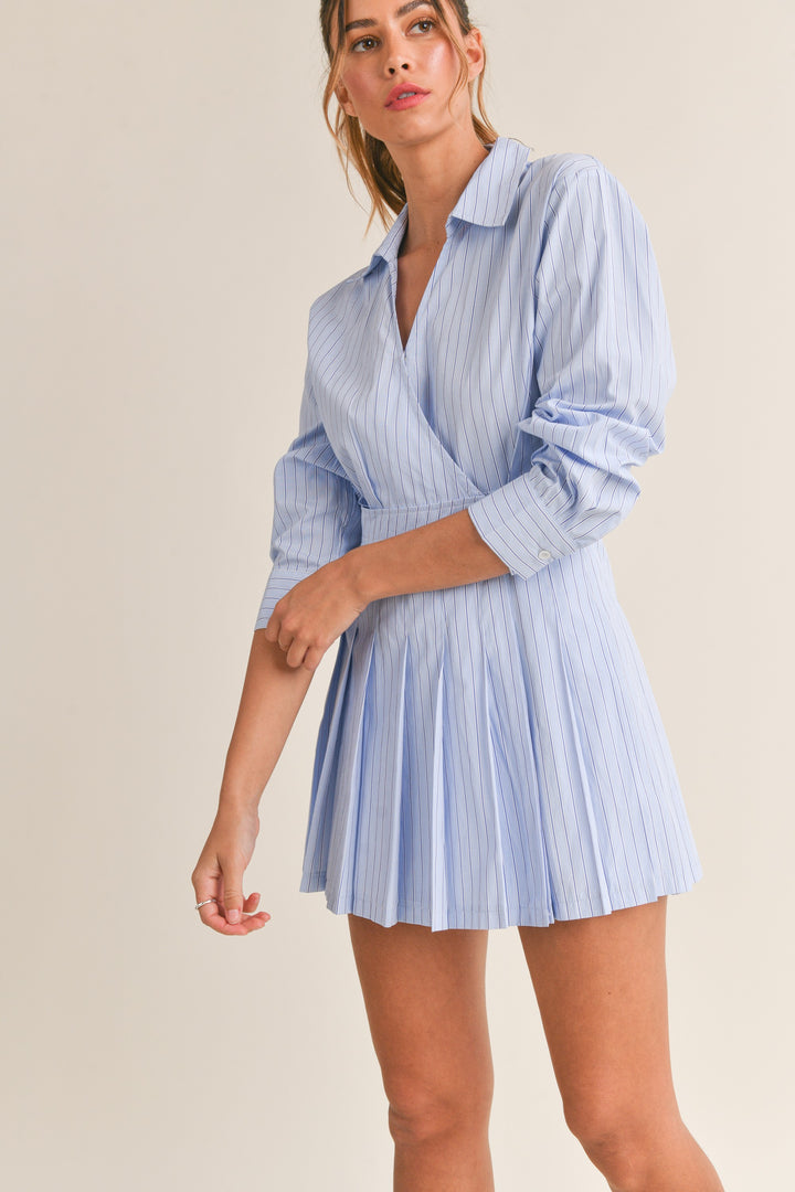 STYLED BY ALX COUTURE MIAMI BOUTIQUE Blue Stripe Long Sleeve Pleated Skort Dress