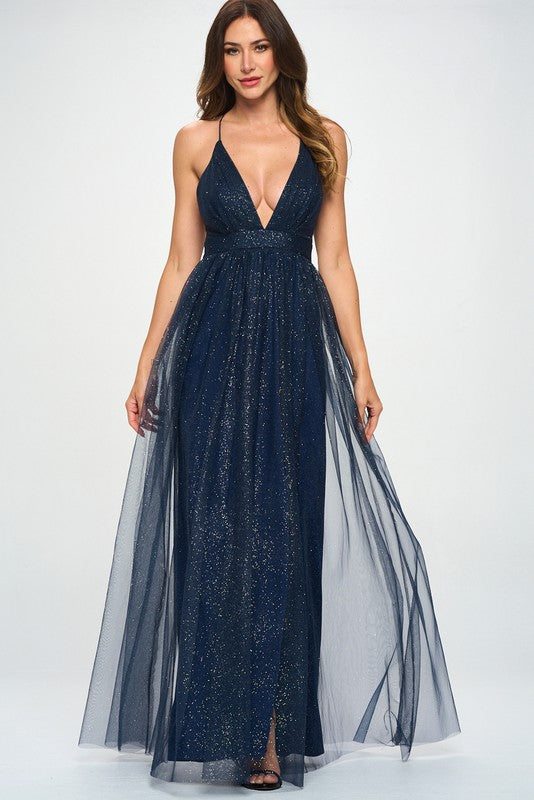 STYLED BY ALX COUTURE MIAMI BOUTIQUE Navy Mesh Glitter Front Slits Maxi Dress 