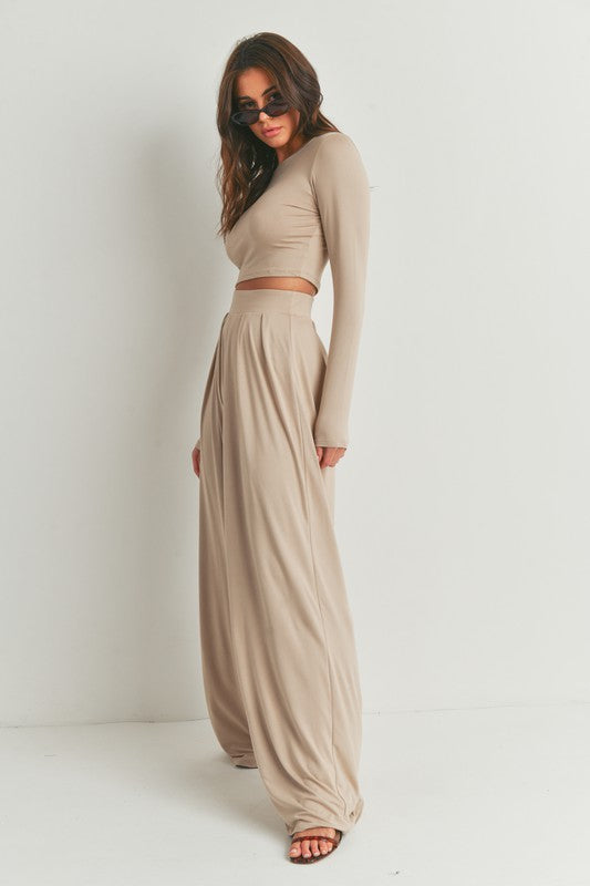 STYLED BY ALX COUTURE MIAMI BOUTIQUE Taupe Dusty Long Sleeve Top and Wide Leg Pants Set