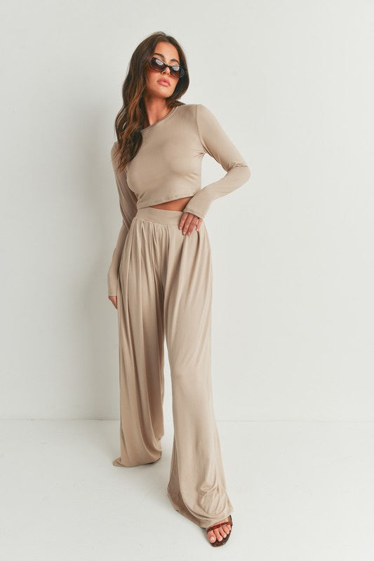 STYLED BY ALX COUTURE MIAMI BOUTIQUE Taupe Dusty Long Sleeve Top and Wide Leg Pants Set