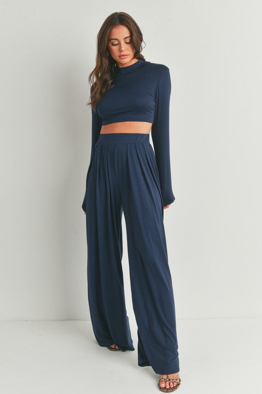 STYLED BY ALX COUTURE MIAMI BOUTIQUE Navy Mock Neck Long Sleeve and Wide Leg Pants Set