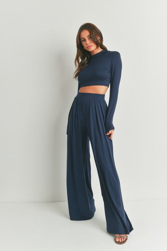 STYLED BY ALX COUTURE MIAMI BOUTIQUE Navy Mock Neck Long Sleeve and Wide Leg Pants Set