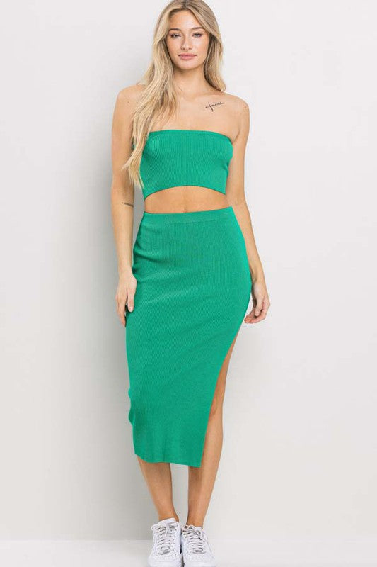 model is wearing Green Tube Top Skirt Set with white sneakers