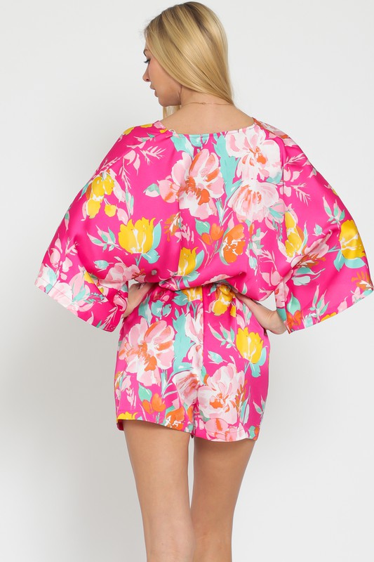 STYLED BY ALX COUTURE MIAMI BOUTIQUE Fuchsia Floral Print Kimono Sleeve Printed Belted Romper