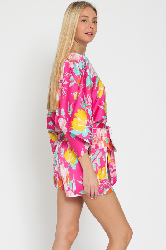 STYLED BY ALX COUTURE MIAMI BOUTIQUE Fuchsia Floral Print Kimono Sleeve Printed Belted Romper
