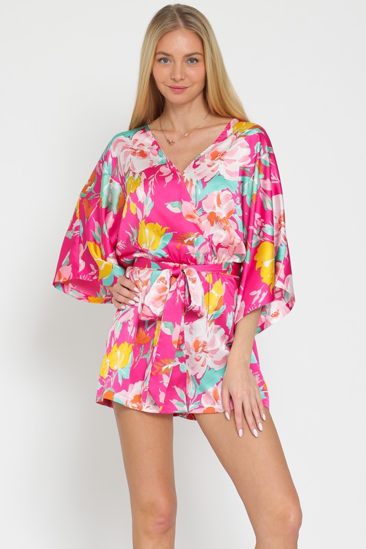 STYLED BY ALX COUTURE MIAMI BOUTIQUE Fuchsia Floral Print Kimono Sleeve Printed Belted Romper 