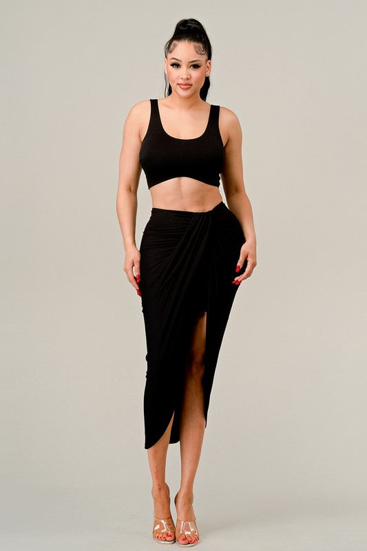 STYLED BY ALX COUTURE MIAMI BOUTIQUE Black Curved Hem Top Midi Skirt Set
