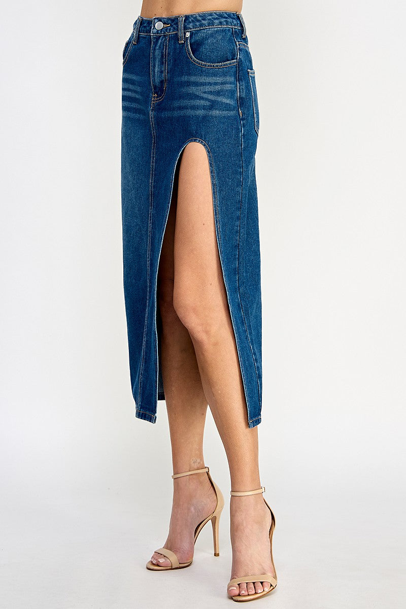 STYLED BY ALX COUTURE MIAMI BOUTIQUE Denim Front Cut Midi Skirt