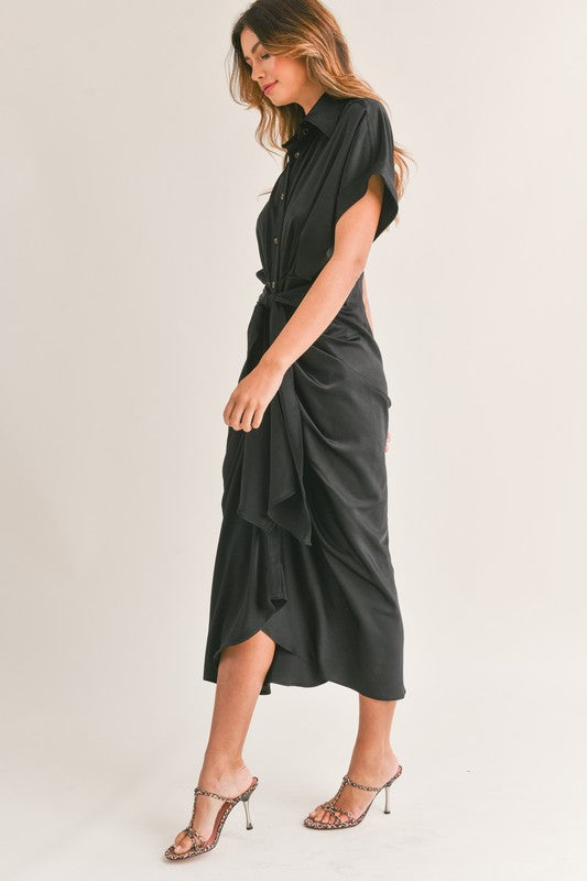 STYLED BY ALX COUTURE MIAMI BOUTIQUE Black Satin Down Front Tie Midi Dress long midi dress black in satin with fron tie