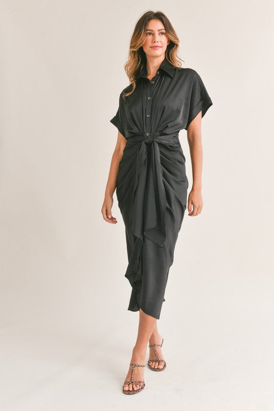 STYLED BY ALX COUTURE MIAMI BOUTIQUE Black Satin Down Front Tie Midi Dress  long midi dress black in satin with fron tie 