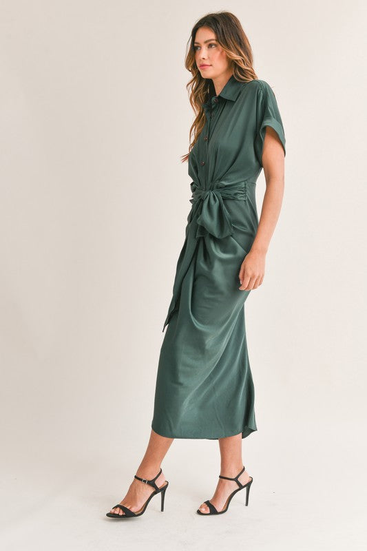 STYLED BY ALX COUTURE MIAMI BOUTIQUE Dark Green Satin Button Front Tie Midi Dress