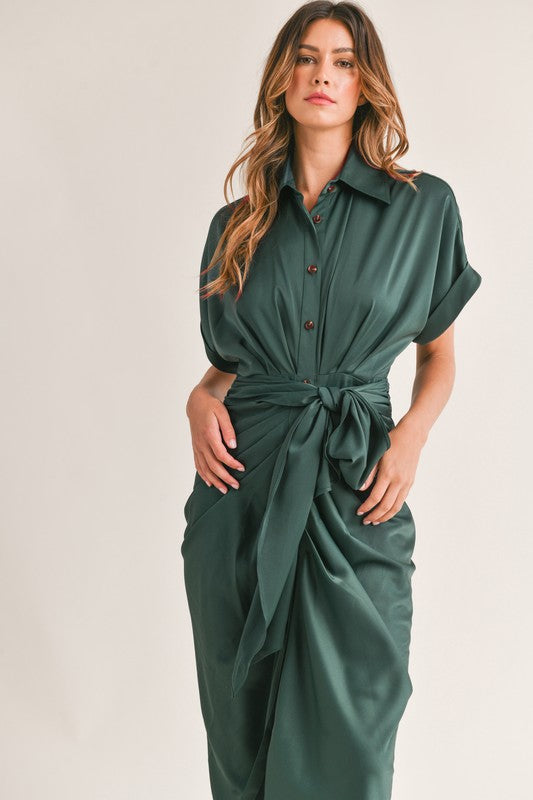STYLED BY ALX COUTURE MIAMI BOUTIQUE Dark Green Satin Button Front Tie Midi Dress