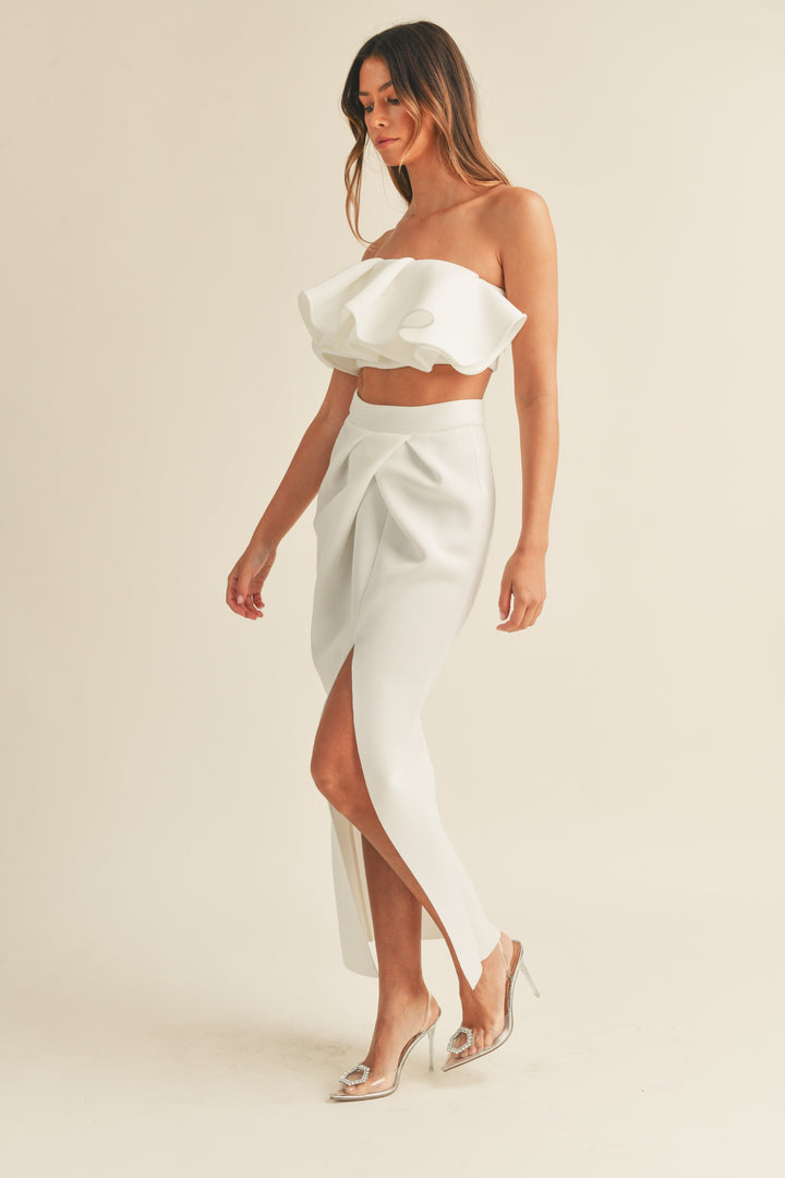 STYLED BY ALX COUTURE MIAMI BOUTIQUE White Scuba Ruffle Tube Top Maxi Skirt Set 