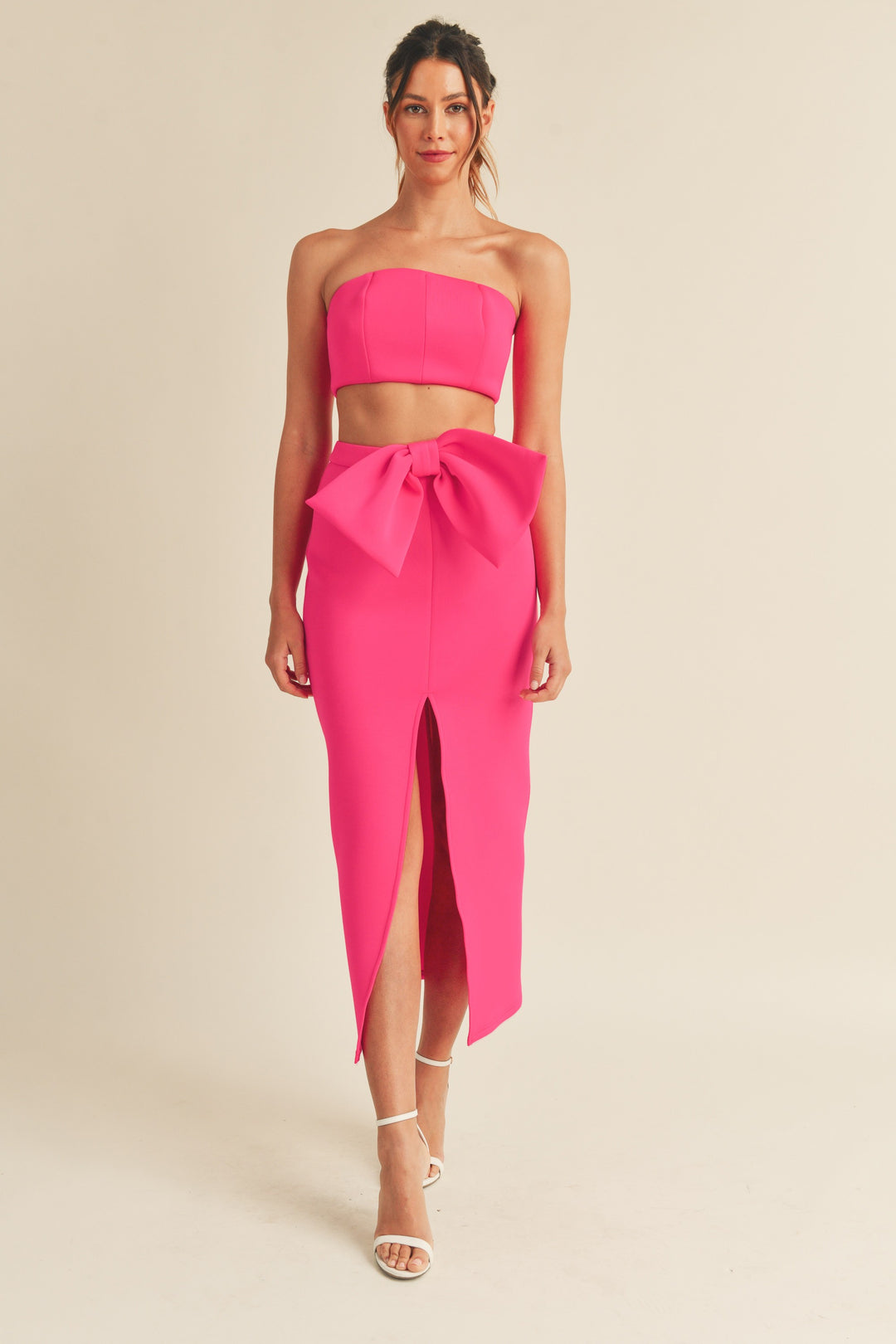 Hot Pink Scuba Tube Crop Top Ribbon Midi Skirt *PRE*