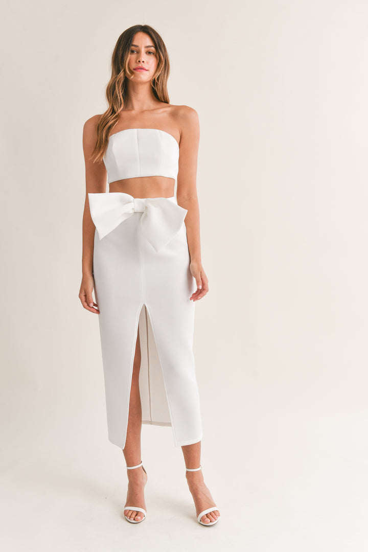 STYLED BY ALX COUTURE MIAMI BOUTIQUE White Scuba Tube Crop Top Ribbon Midi Skirt