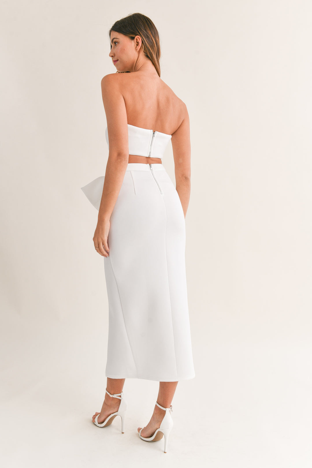 STYLED BY ALX COUTURE MIAMI BOUTIQUE White Scuba Tube Crop Top Ribbon Midi Skirt