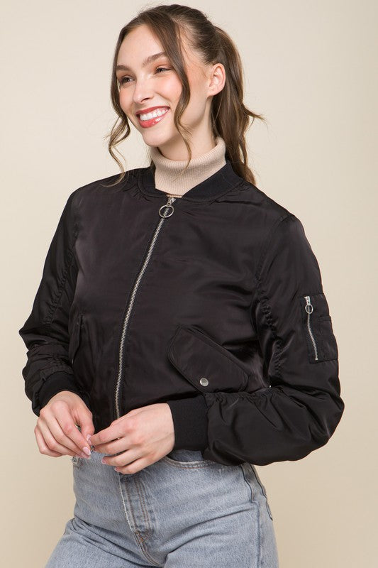 STYLED BY ALX COUTURE MIAMI BOUTIQUE Black Zip Up Bomber Jacket With Sleeve Zipper Detail