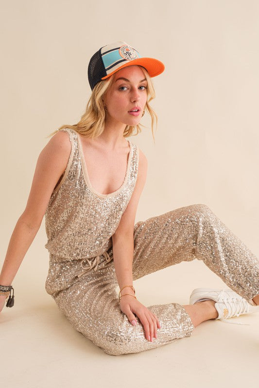 STYLED BY ALX COUTURE MIAMI BOUTIQUE Champagne Sequin Elastic Waistband Jumpsuit