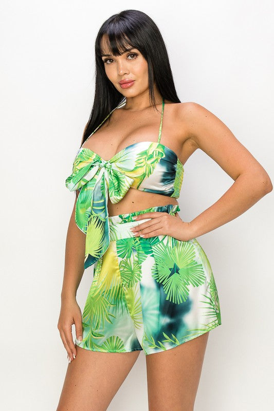 STYLED BY ALX COUTURE MIAMI BOUTIQUE Blue Tropical Tie Bra Short Set