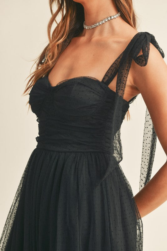 STYLED BY ALX COUTURE MIAMI BOUTIQUE Black Ruched Tiered Tie Shoulder Mid Dress