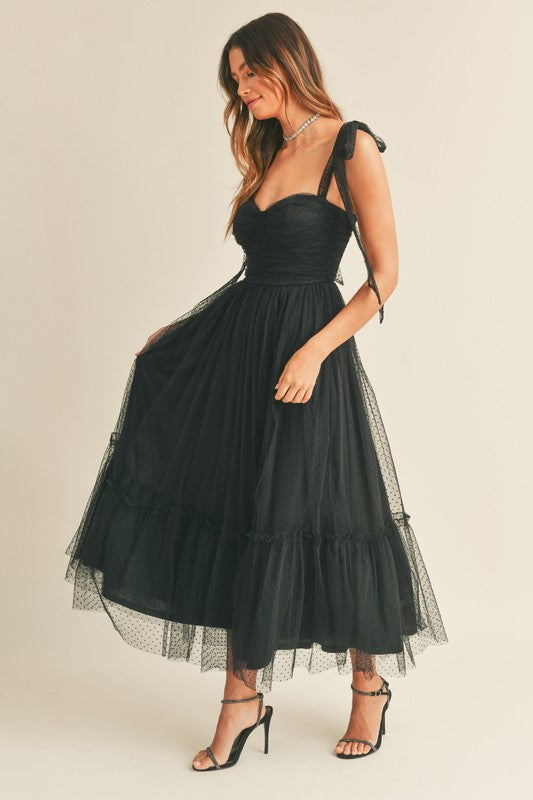 STYLED BY ALX COUTURE MIAMI BOUTIQUE Black Ruched Tiered Tie Shoulder Mid Dress
