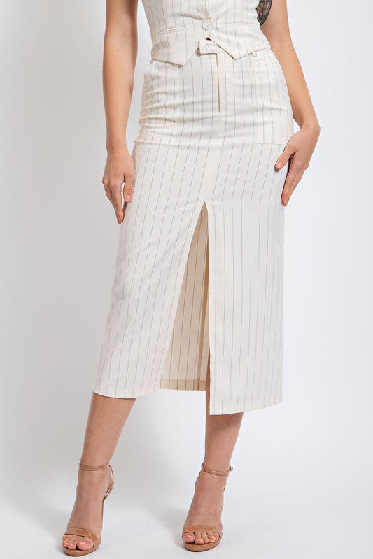 model is wearing Ivory Pinstripe Front Slit Midi Skirt