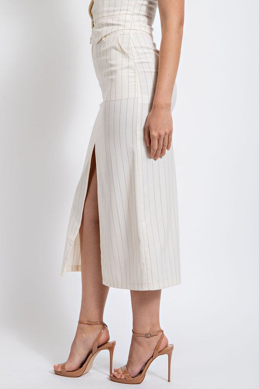 Ivory Pinstripe Front Slit Midi Skirt