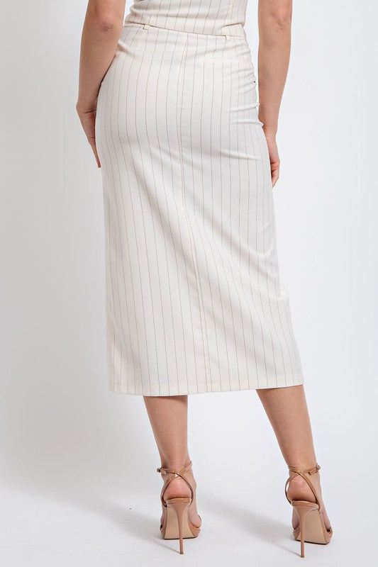 back of the Ivory Pinstripe Front Slit Midi Skirt