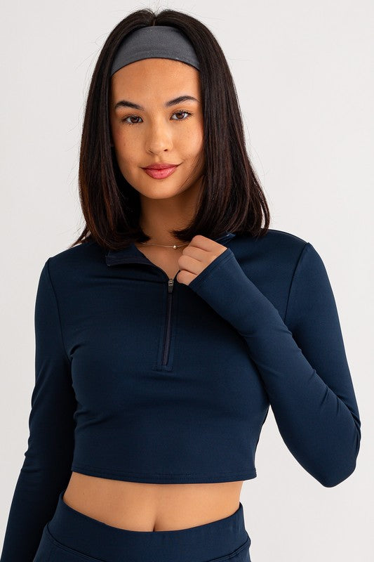 STYLED BY ALX COUTURE MIAMI BOUTIQUE Navy Long Sleeve Mock Neck Half Zip Crop Top