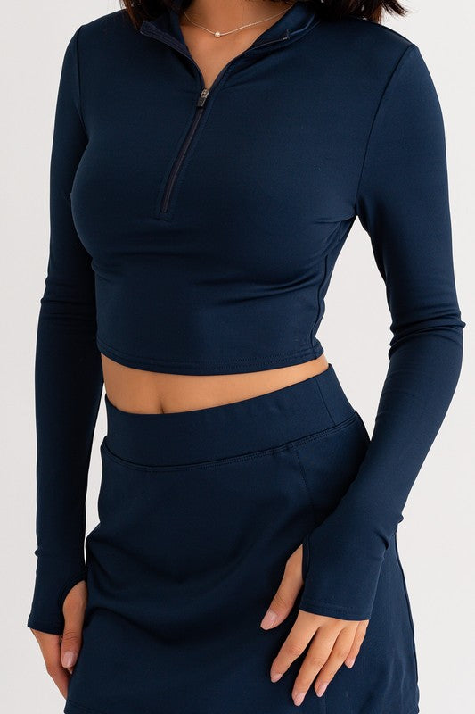 STYLED BY ALX COUTURE MIAMI BOUTIQUE Navy Long Sleeve Mock Neck Half Zip Crop Top