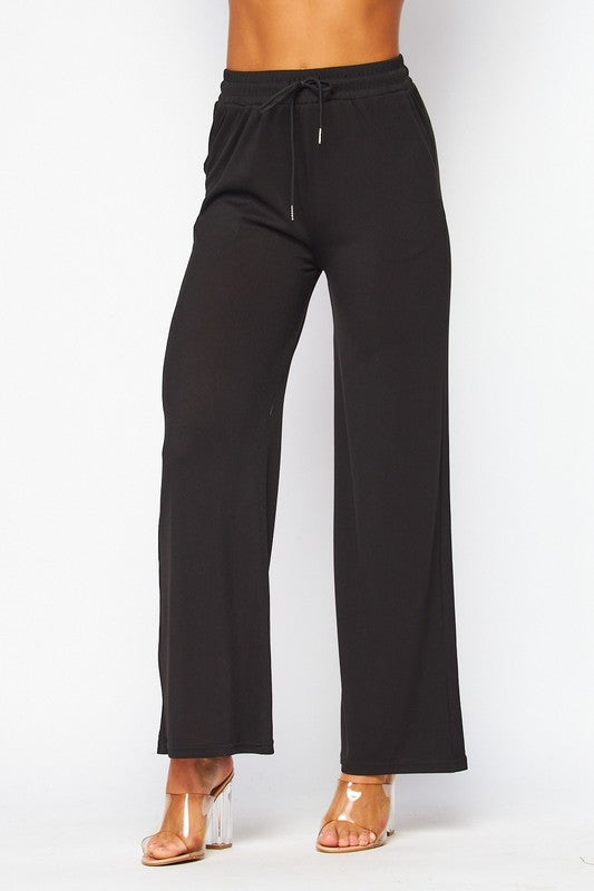 STYLED BY ALX COUTURE MIAMI BOUTIQUE Black Stretchy Ribbed Drawstring Pocket Wide Leg Pants