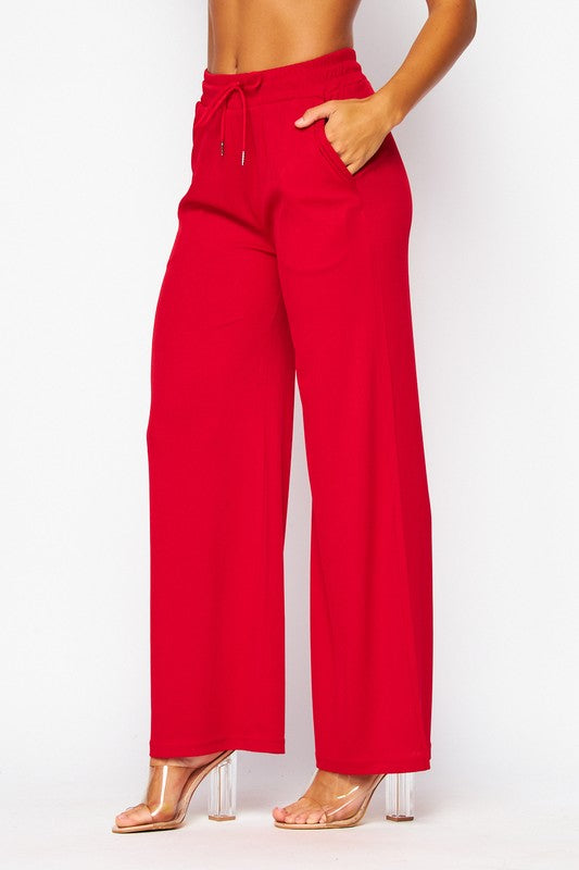 STYLED BY ALX COUTURE MIAMI BOUTIQUE Valentine Red Stretchy Ribbed Drawstring Pocket Wide Leg Pants