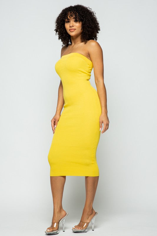 model is wearing Yellow Tube Knit Midi Dress