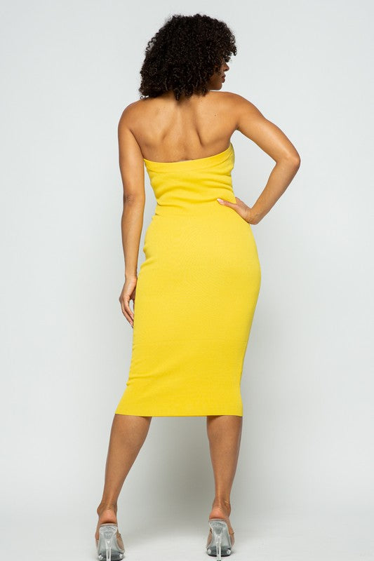 back of the Yellow Tube Knit Midi Dress